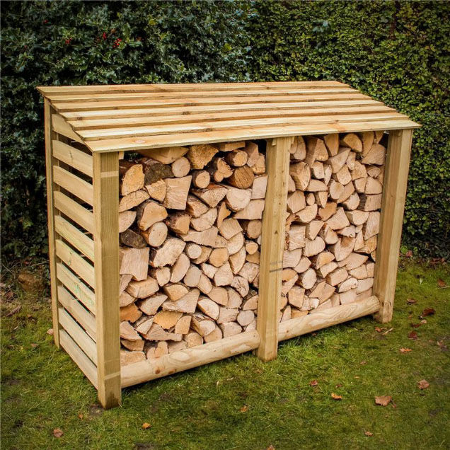 Order a Our large slatted log stores offer a large amount of storage, with a smart design - raised base and lower back panel allow for optimal air-flow, meaning when it comes time to burn it, you will get maximum heat output from your logs; alongside this it also features our slatted design, which offers further increase to the air-flow reaching your wood. The increased storage space also means this store can hold 1.3 cubic metres of logs! Each log store is crafted from fully pressure treated timber, meaning you will get the best of quality, with incredible durability.
